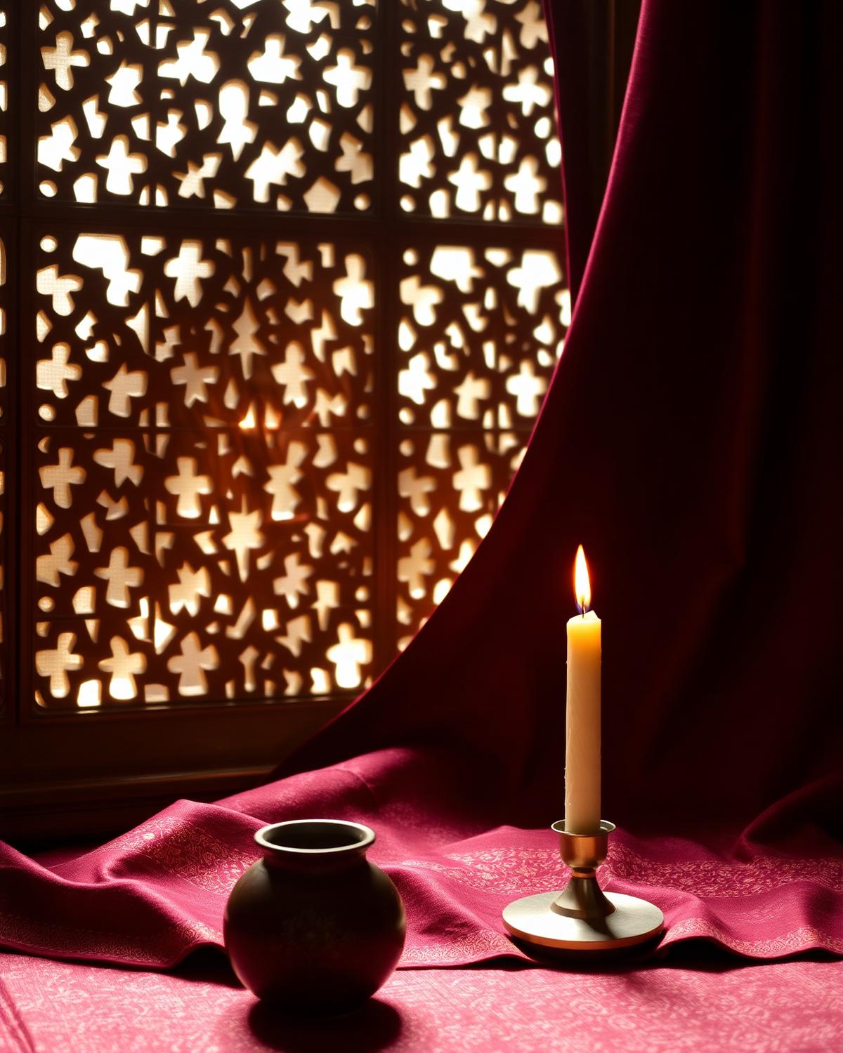 Carved screen light falling across deep maroon silk beside a lit candle