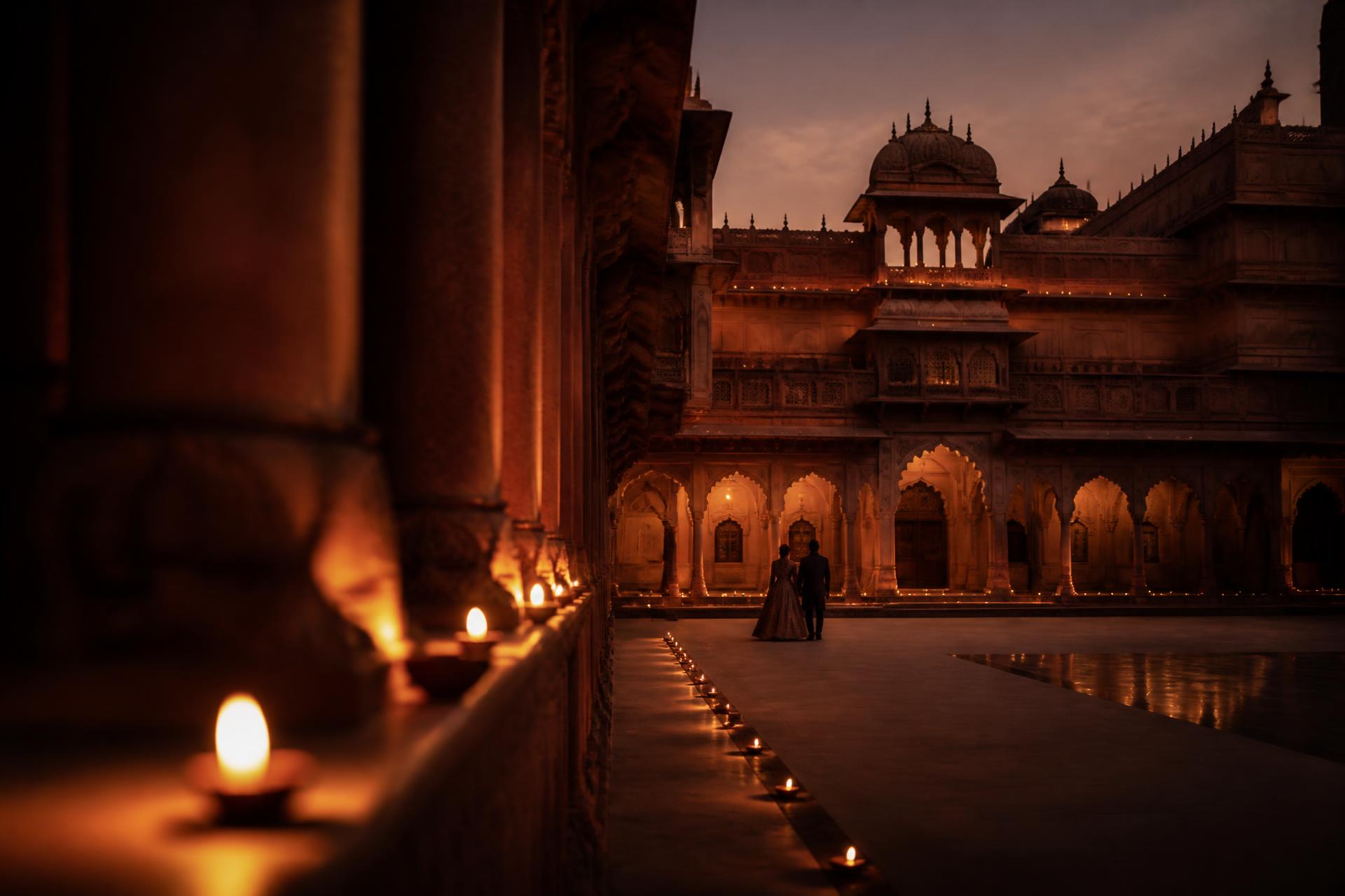 A couple crossing a candlelit palace courtyard at dusk