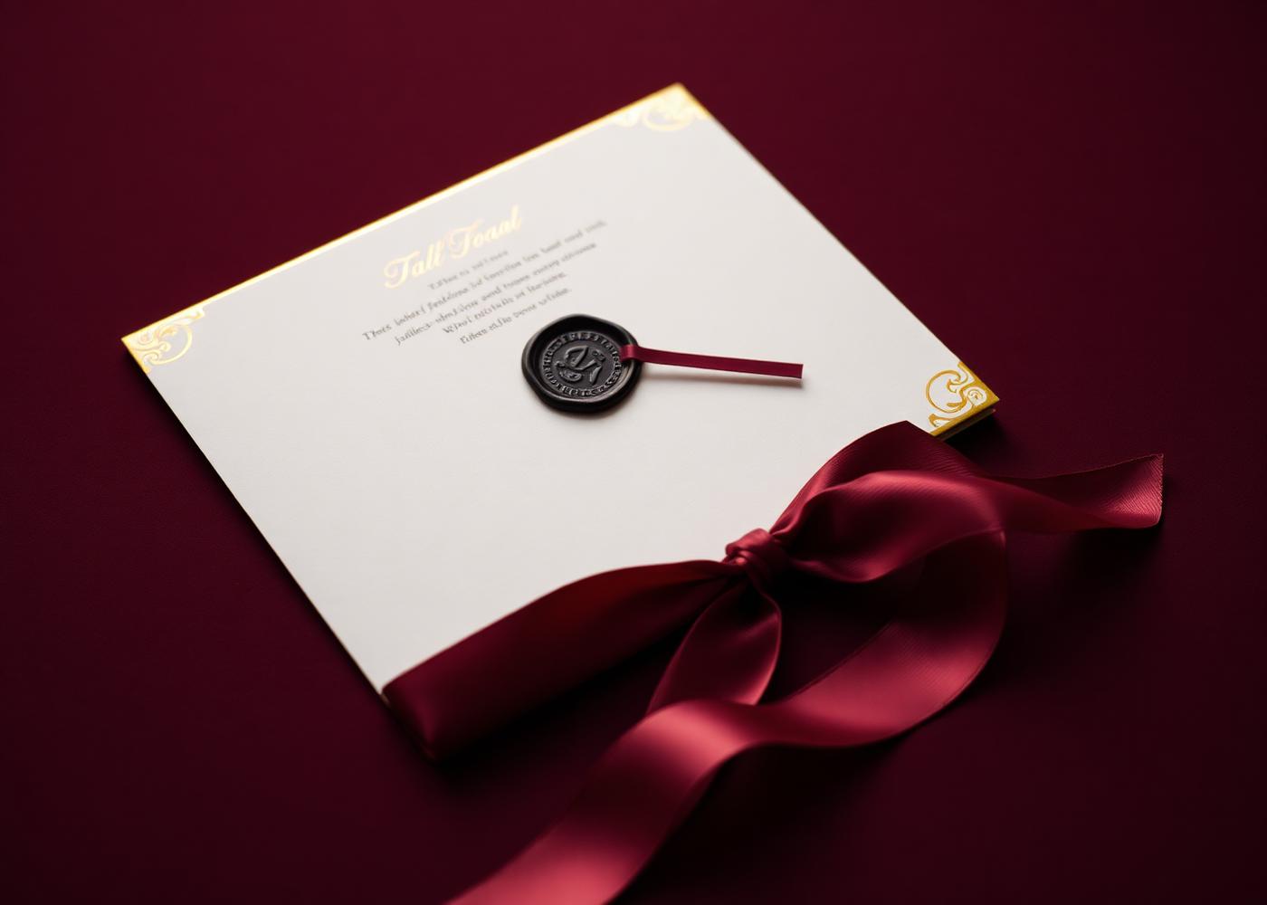 A gold-edged wedding invitation with a wax seal and silk ribbon